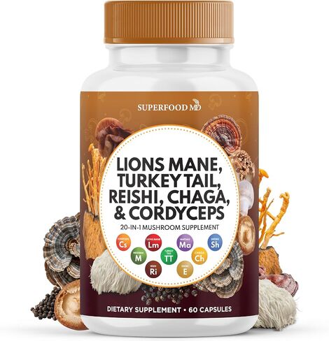 ملحق Lions Mane Mushroom مع Turkey Tail Reishi Cordyceps Chaga مع جذر الخطمي - 120 COUNT in Saudi Arabia