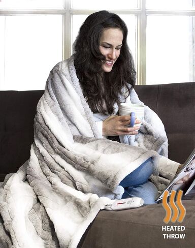 Luxe Faux Fur Soft Plush 100% Animal-Free Electric Throw Heated Blanket with Uniform Heating, 8.5' Power Cord, Handheld Controller with 4 Heat Settings, Grey/White, 50 x 60 in in Saudi Arabia