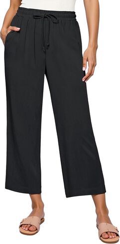 GRAPENT Linen Pants for Women High Waisted Wide Leg Capri Elastic Waist Casual Beach Flowy Cropped Summer Capris Pants in Saudi Arabia