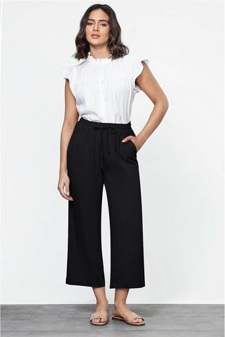 GRAPENT Linen Pants for Women High Waisted Wide Leg Capri Elastic Waist Casual Beach Flowy Cropped Summer Capris Pants in Saudi Arabia