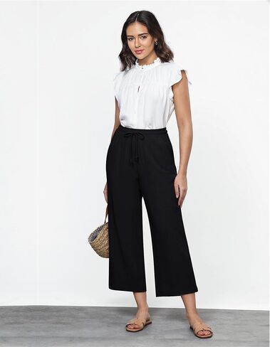 GRAPENT Linen Pants for Women High Waisted Wide Leg Capri Elastic Waist Casual Beach Flowy Cropped Summer Capris Pants in Saudi Arabia