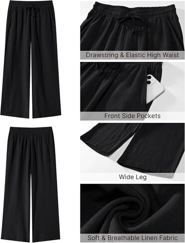 GRAPENT Linen Pants for Women High Waisted Wide Leg Capri Elastic Waist Casual Beach Flowy Cropped Summer Capris Pants in Saudi Arabia