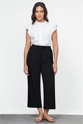 GRAPENT Linen Pants for Women High Waisted Wide Leg Capri Elastic Waist Casual Beach Flowy Cropped Summer Capris Pants in Saudi Arabia