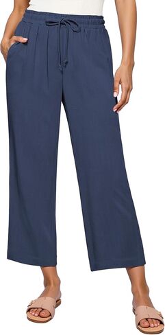 GRAPENT Linen Pants for Women High Waisted Wide Leg Capri Elastic Waist Casual Beach Flowy Cropped Summer Capris Pants in Saudi Arabia