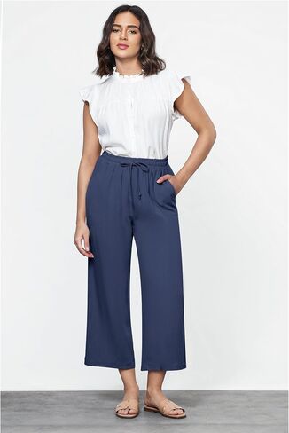 GRAPENT Linen Pants for Women High Waisted Wide Leg Capri Elastic Waist Casual Beach Flowy Cropped Summer Capris Pants in Saudi Arabia
