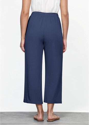 GRAPENT Linen Pants for Women High Waisted Wide Leg Capri Elastic Waist Casual Beach Flowy Cropped Summer Capris Pants in Saudi Arabia