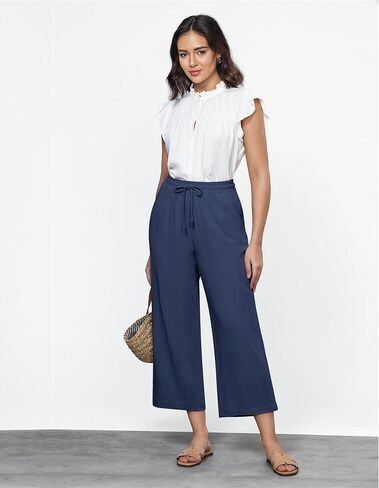 GRAPENT Linen Pants for Women High Waisted Wide Leg Capri Elastic Waist Casual Beach Flowy Cropped Summer Capris Pants in Saudi Arabia
