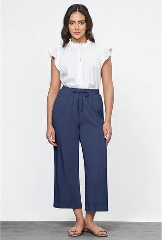 GRAPENT Linen Pants for Women High Waisted Wide Leg Capri Elastic Waist Casual Beach Flowy Cropped Summer Capris Pants in Saudi Arabia