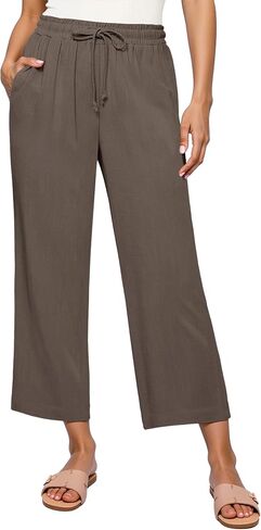 GRAPENT Linen Pants for Women High Waisted Wide Leg Capri Elastic Waist Casual Beach Flowy Cropped Summer Capris Pants in Saudi Arabia