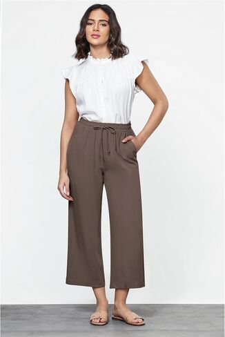 GRAPENT Linen Pants for Women High Waisted Wide Leg Capri Elastic Waist Casual Beach Flowy Cropped Summer Capris Pants in Saudi Arabia