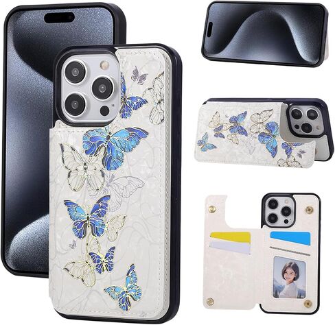 UEEBAI Wallet Case for iPhone 15 with Card Holders, PU Leather Cover Kickstand RFID Blocking Double Magnetic Clasp Rilievo Flower Shockproof Flip Case for Women Girls - White Daisy in Saudi Arabia
