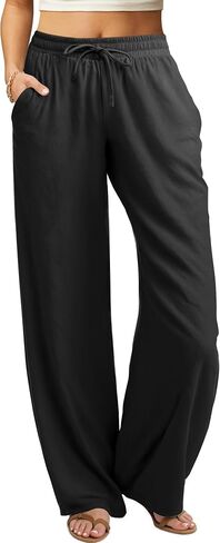 keriffe Women's Summer Casual Pants Loose Fit Beach Pants High Waist Drawstring Wide Straight Leg Palazzo Trousers Pockets in Saudi Arabia