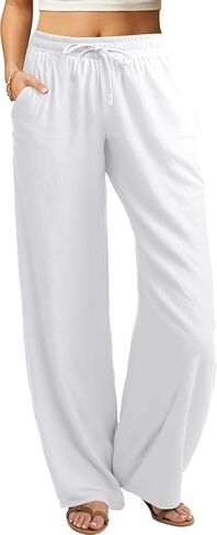 سروال غير رسمي للسيدات في الصيف ، سروال شاطئ ، سروال شاطئي مرتفع خصر ، ساق مستقيمة ساق بالازو ، جيوب in Kuwait