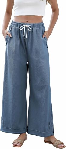 SpringRain Womens Baggy Wide Leg Pants عرضية سراويل قصر مرنة من القطن المرن مع جيوب in Kuwait