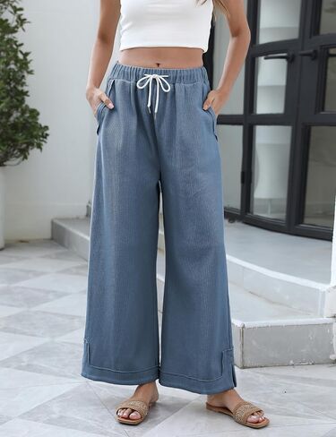 SpringRain Womens Baggy Wide Leg Pants عرضية سراويل قصر مرنة من القطن المرن مع جيوب in Kuwait