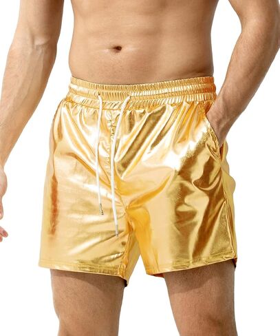 Arjen Kroos Men's Metallic Shorts Sexy Rave Hot Short with Side Pockets and Drawstrings in Kuwait
