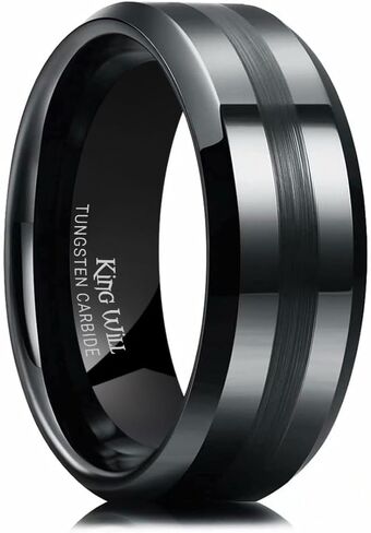 King Will Classic 8mm Tungsten Carbide Ring Black/Silver/Gold Brushed Two Grooved Center Hammered Design Mens Wedding Band for Men in Saudi Arabia