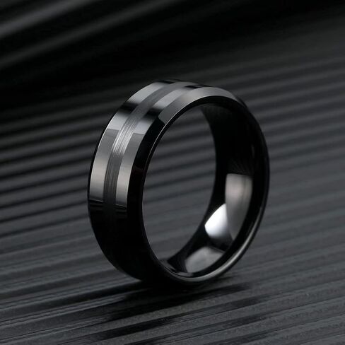 King Will Classic 8mm Tungsten Carbide Ring Black/Silver/Gold Brushed Two Grooved Center Hammered Design Mens Wedding Band for Men in Saudi Arabia