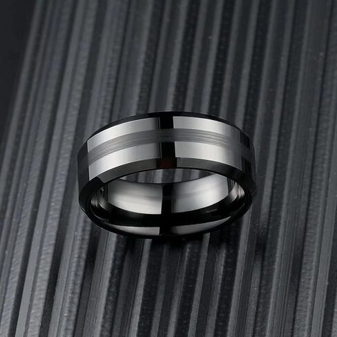 King Will Classic 8mm Tungsten Carbide Ring Black/Silver/Gold Brushed Two Grooved Center Hammered Design Mens Wedding Band for Men in Saudi Arabia