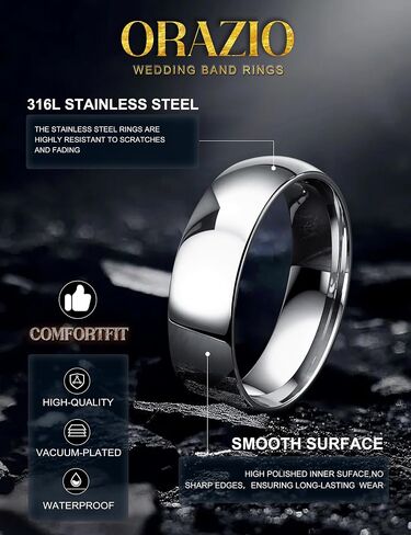 ORAZIO Stainless Steel Rings for Men Women 6MM 8MM Wedding Band Rings Silver/Black/Gold Domed High Polished Basic Wedding Bands Comfort Fit Size 6-14 in Kuwait