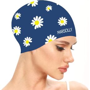Silicone Swim Cap for Women, Waterproof Long Hair Swimming Caps with Flower Printed