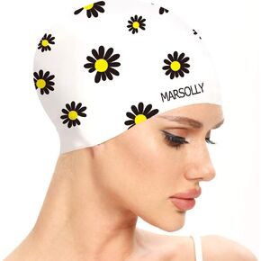 Silicone Swim Cap for Women, Waterproof Long Hair Swimming Caps with Flower Printed