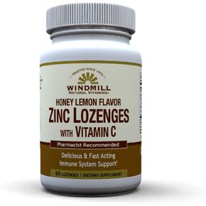 Windmill Health Products Natural Vitamins Zinc Lozenges with Vitamin C Honey Lemon Flavor, Immune System Support, Provides Antioxidant Support, Delicious & Fast Acting, 60 Lozenges, 60 Servings.