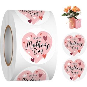 Happy Mother's Day Label Stickers Roll, 1.5 Inch 500 PCS Heart Pink Floral Mothers Day Sticker Gift Box Bag Cards Decorations Envelope Seals