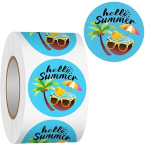 Heyfibro 500PCS Hello Summer Sticker Rolls, 1.5 Inches Round Label Stickers for Kids and Adults, Summer Coconut Tree Stickers Gift Tag for Packing, Cards, Candy Bags, Party Supplies