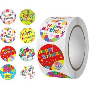 Happy Birthday Stickers Seals 1" 500Pcs in 1Roll for Birthday Décor Party Supplies School Cards Sealing, 8 Designs Envelope Sealing Gift Wrap (1inch, D)