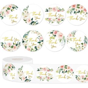 500Pcs Floral Thank You Stickers Watercolor Pink Flower Decal Roll 8 Design Foil Gold Thank You Adhesive Sealing Labels for Wedding Birthday Baby Shower Party Favor