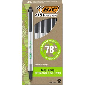 BIC Ecolutions Clic Stic Black Ballpoint Pens, Medium Point (1.0mm), 12-Count Pack, Retractable Ball Point Pens Made from 78% Recycled Plastic