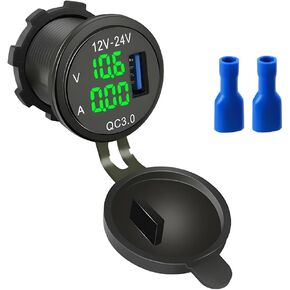 USB Car Charger Socket, Auto Voltmeter Ammeter with QC 3.0 Port, 12-24V USB Outlet Fast Charge with LED Display, Universal for Boat Marine Truck RV, Charging for Most Smartphones (Blue)