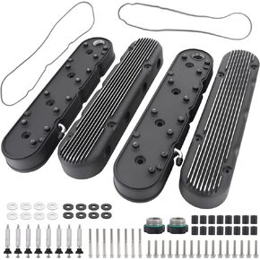 LS Finned Cast Aluminum Valve Covers with Coil Mounts and Covers Compatible with Che-vy Small Block SB V8 293 325 376 427 LS1 LS2 LS3 LS6 LS7, Black