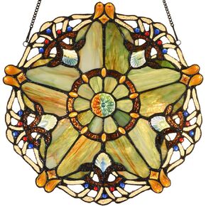 Bieye W10072 Baroque Tiffany Style Stained Glass Window Hanging Panel 12 inches Wide Round with Five-Pointed Star Design (Green)