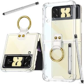 Miimall Compatible for Samsung Galaxy Z Flip 4 2022 Case with Pen, Ultra-Thin Flip 4 Case with Ring Holder, Soft TPU+PC Shockproof Anti-Scratch Clear Cover Case for Samsung Z Flip 4(Clear)