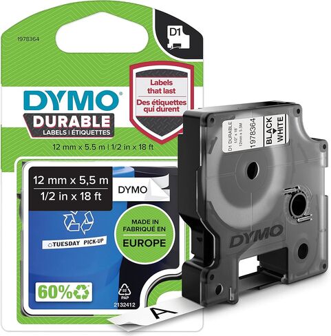 DYMO D1 Durable Labeling Tape for LabelManager Label Makers, Black Print on White Tape, 1/2" W x 18' L, 1 Cartridge in Saudi Arabia