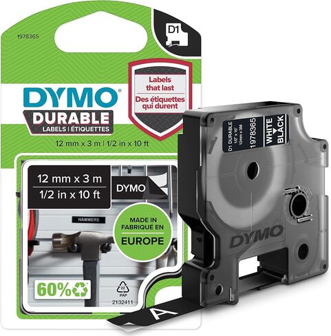 شريط ملصقات DYMO D1 متين لصانعي ملصقات LabelManager، طباعة سوداء على شريط أبيض، 1/2 بوصة عرض × 18 بوصة طول، خرطوشة واحدة in Saudi Arabia