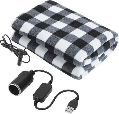 Electric Car Blanket 12V 58 x 43 Inch Travel Heated Fleece Blanket with Temperature Controller, Cold Weather Tailgating and Emergency Kit (Black White Plaid) in Saudi Arabia