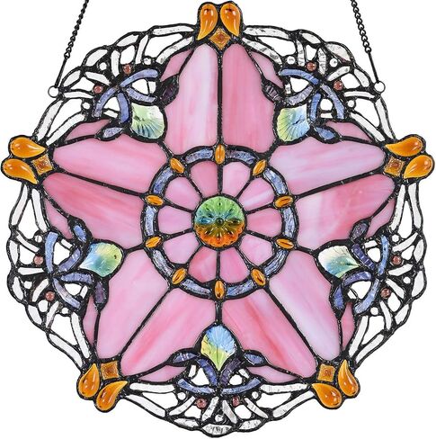 Bieye W10072 Baroque Tiffany Style Stained Glass Window Hanging Panel 12 inches Wide Round with Five-Pointed Star Design (Green) in Saudi Arabia