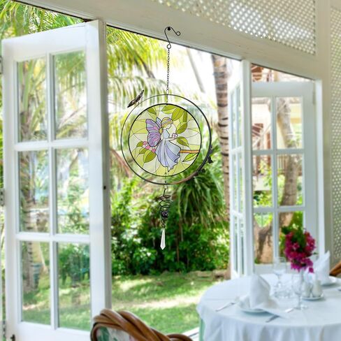 نافذة معلقة من الزجاج الملون، ملاك الشمس الجنية لتزيين النوافذ، تزيين نافذة اللوحة الزجاجية متعددة الألوان على الوجهين in Kuwait