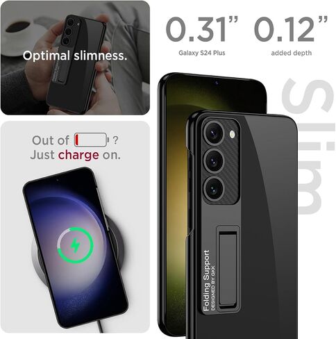 Miimall Slim Case for Samsung Galaxy S24 Plus Case with Kickstand, Raised Full Camera Protector Hard PC Clear Anti-Yellow Thin Anti-Scratch Shockproof Phone Case for S24 Plus Case Stand, Black in Saudi Arabia