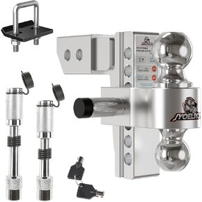 Adjustable Trailer Hitch (2.5" Receiver) 6" Drop & Rise (12,500 LBS GTW) Heavy Duty Aluminum Tow Hitches Dual Ball (2" & 2-5/16") Hitch Tightener Double Anti-Theft Locking Hitch Pins
