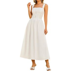 KUTUMAI Lace Square Neck Corset Midi Dress Summer Smocked Flowy A Line Casual Beach Sundress for Women 2025 Vacation