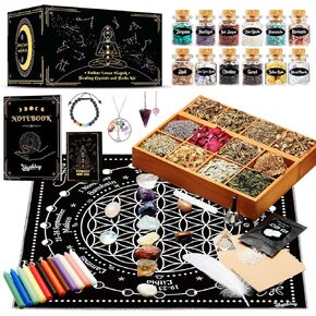 Witchcraft Supplies Kit, 80Pack Witch Starter Kit Wiccan Supplies and Tools Witchy Gifts for Beginners, Spell Candles, Chakra Healing Crystals and Dried Herbs for Zodiac and Lunar Magick