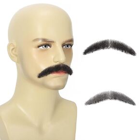 Parceria Realistic Mustache, Natural Looking Fake Facial Hair, Human Hair Curly Fake Beard and Mustache, Trimmable and Customizable Beard Invisible Lace for Adults Men (black)