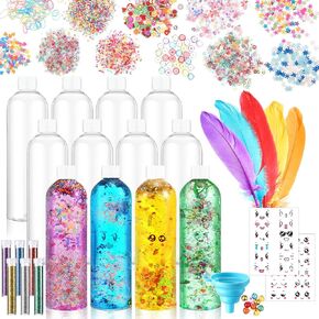 Baderke 12 Pcs Sensory Bottles 13.5oz Plastic Clear Containers Calm Down Sensory Bottles Include Funnel, Glitters, Stickers, Glitter Powder, Feathers, Small Color Balls for DIY Art Fun Crafts Supply