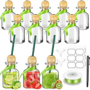 Hushee 12 Pcs Shot Glasses Patron Bottles with Straw 1.7 oz Mini Empty Tequila Bottles for Drinks Reusable Shot Glass Cups with Green Silk Ribbon for Wedding Party Personalized Decoration