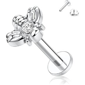 GAGABODY G23 Titanium Labret 16G Tragus Earring Bee Helix Stud Silver Internally Threaded Labret CZ Titanium Lip Piercing