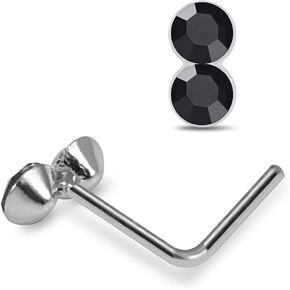 Double Round Gemstone Top 22 Gauge Silver L Bend Nose Stud Piercing Jewelry